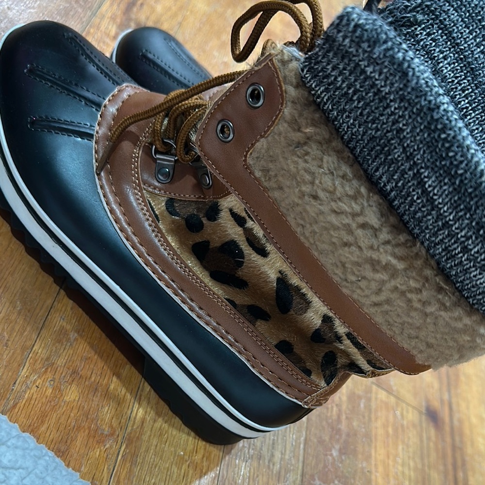 Brown and Black Winter Boots with Leopard Print
